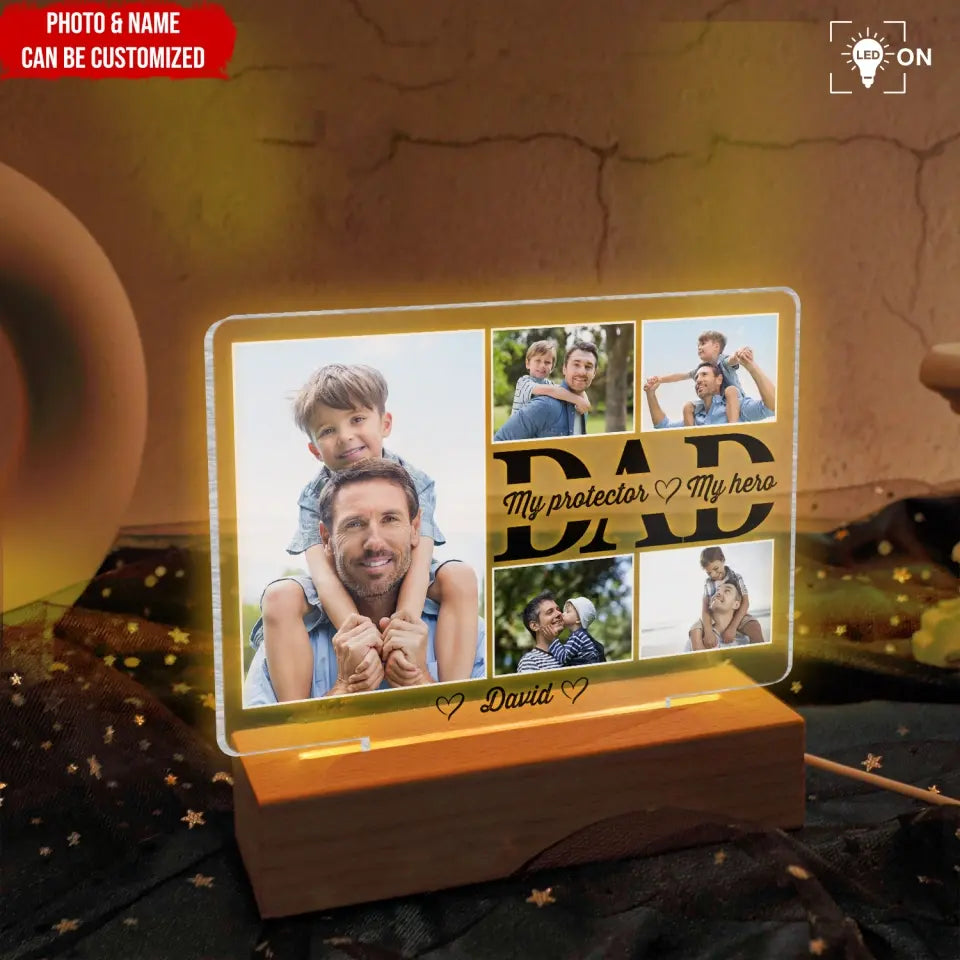 Dad Is My Protector - Personalized Acrylic Night Light, Gift For Dad, Dad's Gift - L131