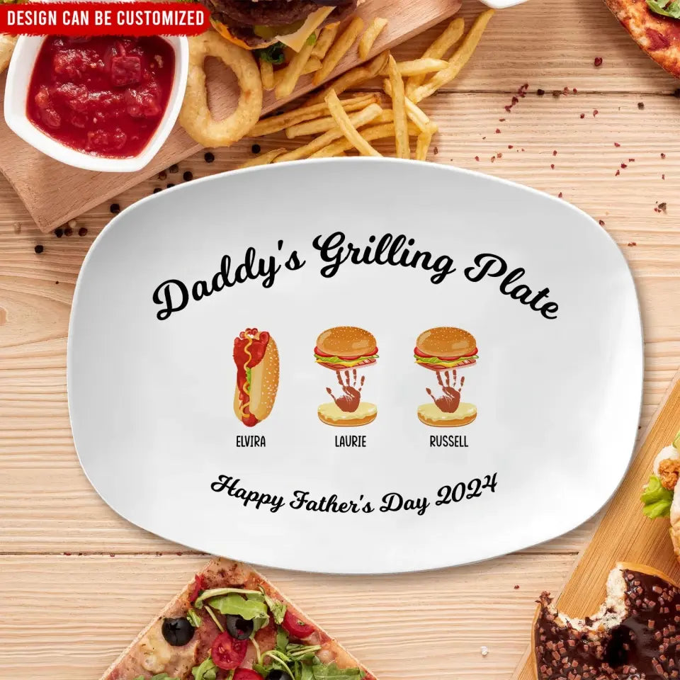 Burger, Hot Dog, Handprint Footprint Grilling - Personalized Custom Platter, Custom Father's Day/Birthday Gift from Kids - PL01