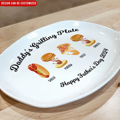 Burger, Hot Dog, Handprint Footprint Grilling - Personalized Custom Platter, Custom Father's Day/Birthday Gift from Kids - PL01
