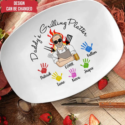 Daddy's Grilling Platter With Handprint - Personalized Custom Platter, Grill Platter for Dad, Grandpa Grilling Platter - PL03