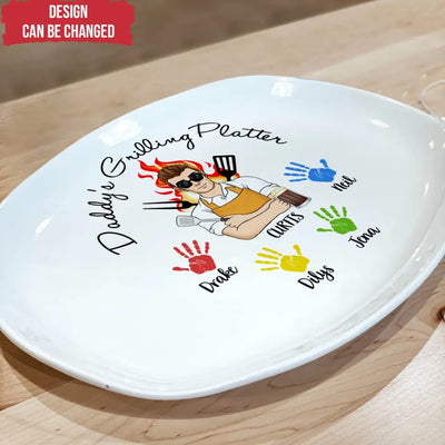 Daddy's Grilling Platter With Handprint - Personalized Custom Platter, Grill Platter for Dad, Grandpa Grilling Platter - PL03