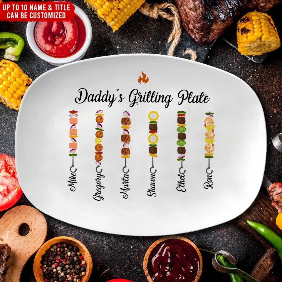 Skewers Daddy's Grilling Plate with Kids Name - Personalized Grill Platter, Gift for Dad/Father/Grandpa - PL04