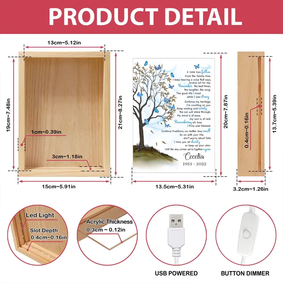 Blue Butterflies, A Limb Has Fallen - Personalized Frame Light Box, Sympathy Gift, Memorial Frame - FLB20