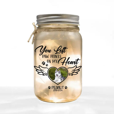 You Left Paw Prints On My Heart - Personalized Mason Jar Light, Memorial Gift - CF-MJL49
