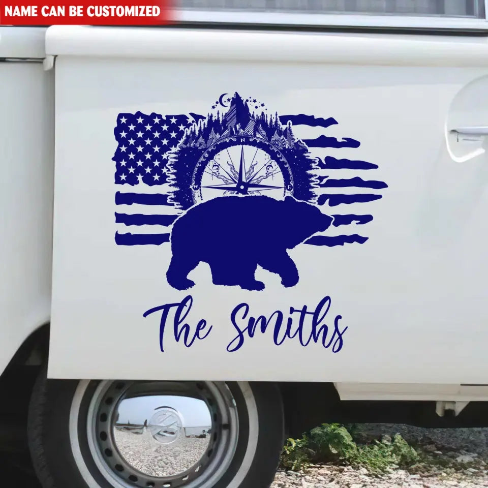 Camping Mountain And Bear Flag - Personalized Decal, Gift For Camping Lovers, Camping Decor - CF-PCD126