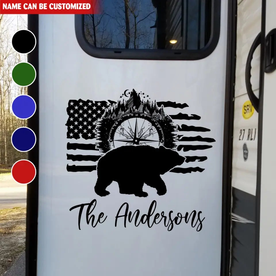 Camping Mountain And Bear Flag - Personalized Decal, Gift For Camping Lovers, Camping Decor - CF-PCD126