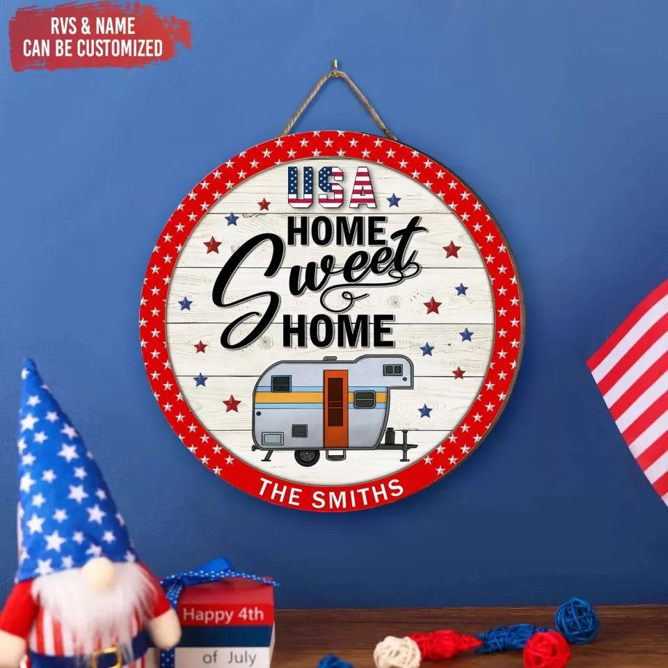 Home Sweet Home Patriotic Camper - Personalized Wood Sign, Gift For Camping Lovers, Home Decor , Camping, camping gift,camping,campsite,campgrounds,custom gift,personalized gifts,door sign,front door sign, welcome sign, door hanger, welcome door sign, Personalized door sign, wood sign,Personalized sign,camping decor, camping sign, camp sign 