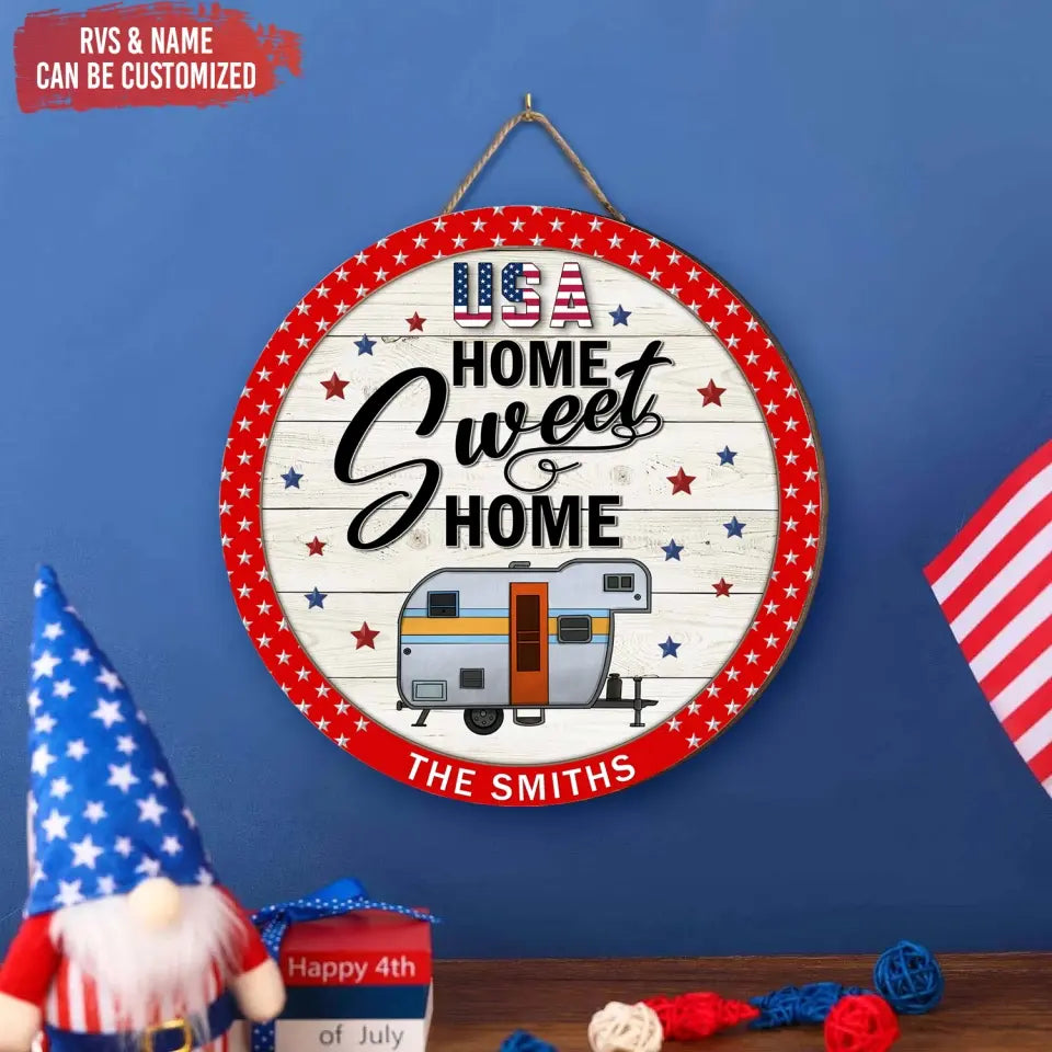 Home Sweet Home Patriotic Camper - Personalized Wood Sign, Gift For Camping Lovers, Home Decor - CF-DS804