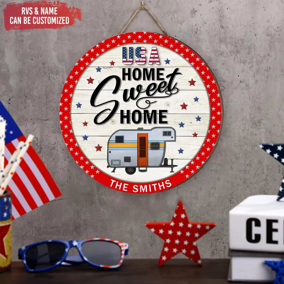 Home Sweet Home Patriotic Camper - Personalized Wood Sign, Gift For Camping Lovers, Home Decor - CF-DS804