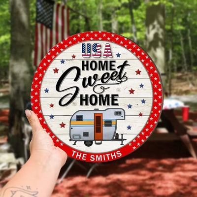 Home Sweet Home Patriotic Camper - Personalized Wood Sign, Gift For Camping Lovers, Home Decor - CF-DS804