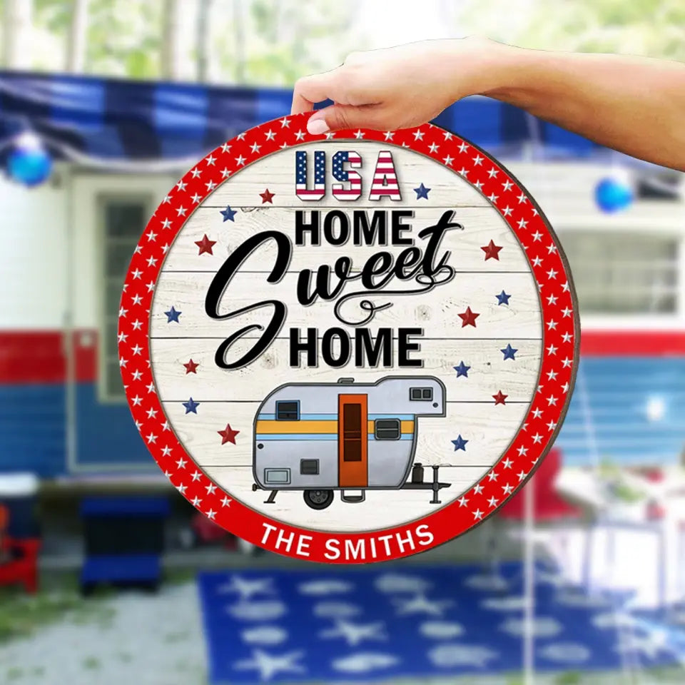 Home Sweet Home Patriotic Camper - Personalized Wood Sign, Gift For Camping Lovers, Home Decor - CF-DS804