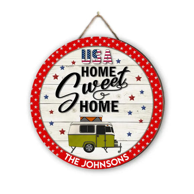 Home Sweet Home Patriotic Camper - Personalized Wood Sign, Gift For Camping Lovers, Home Decor - CF-DS804