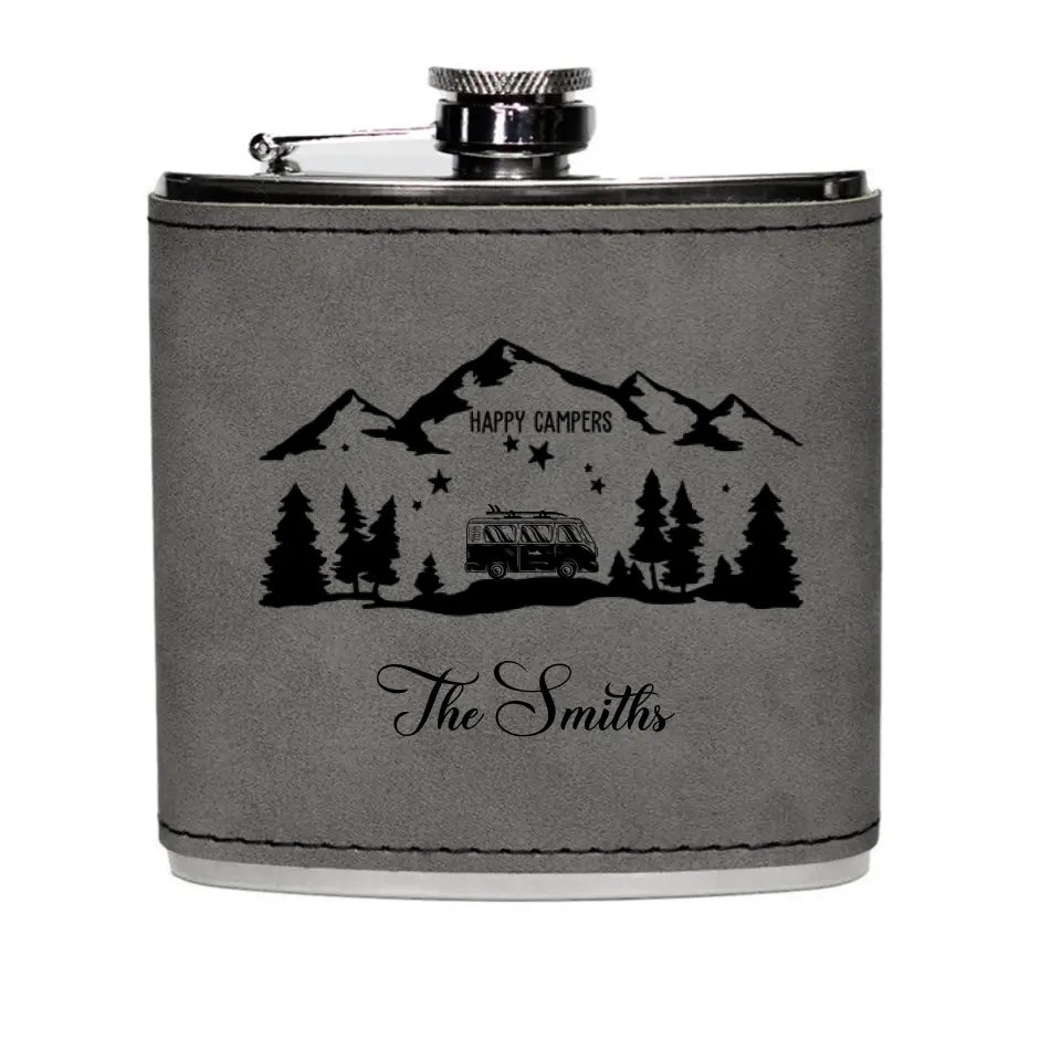 Happy Campers - Personalized Leather Hip Flask, Gift For Camping Lovers