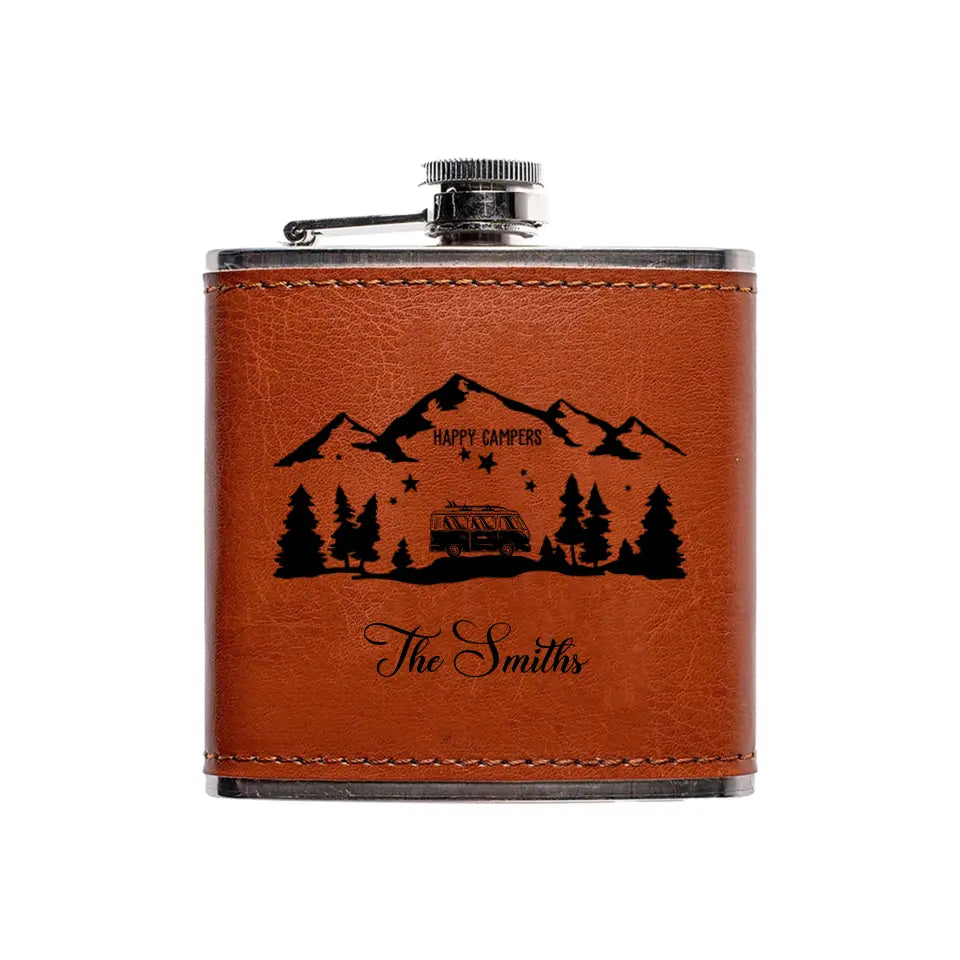 Happy Campers - Personalized Leather Hip Flask, Gift For Camping Lovers