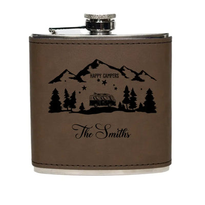Happy Campers - Personalized Leather Hip Flask, Gift For Camping Lovers