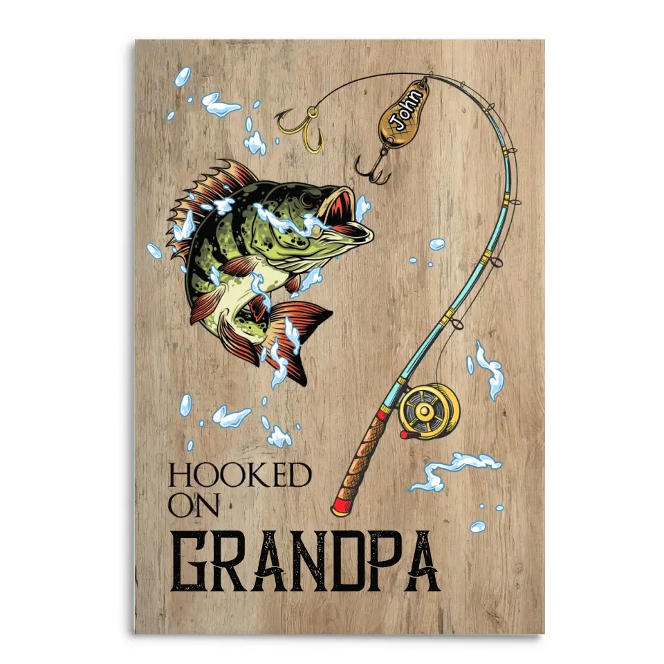 Hooked On Grandpa Fishing With Kids Name - Personalized Canvas, Father's Day Gifts For Grandpa