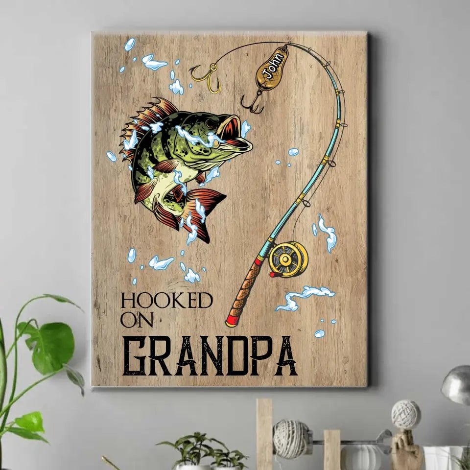 Hooked On Grandpa Fishing With Kids Name - Personalized Canvas, Father's Day Gifts For Grandpa