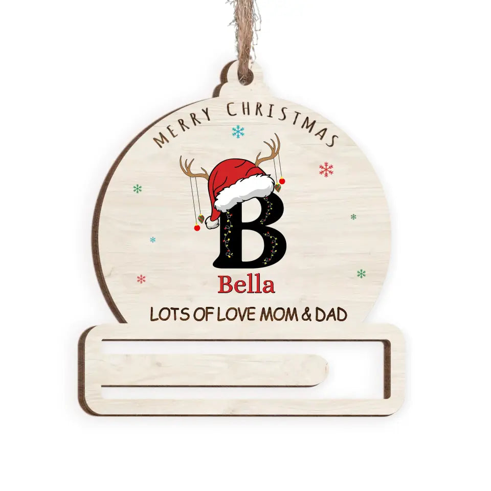Merry Christmas Letter Name Ornament - Personalized Wooden Ornament, Money Holder Ornament, Custom Initial Gift - ORN250