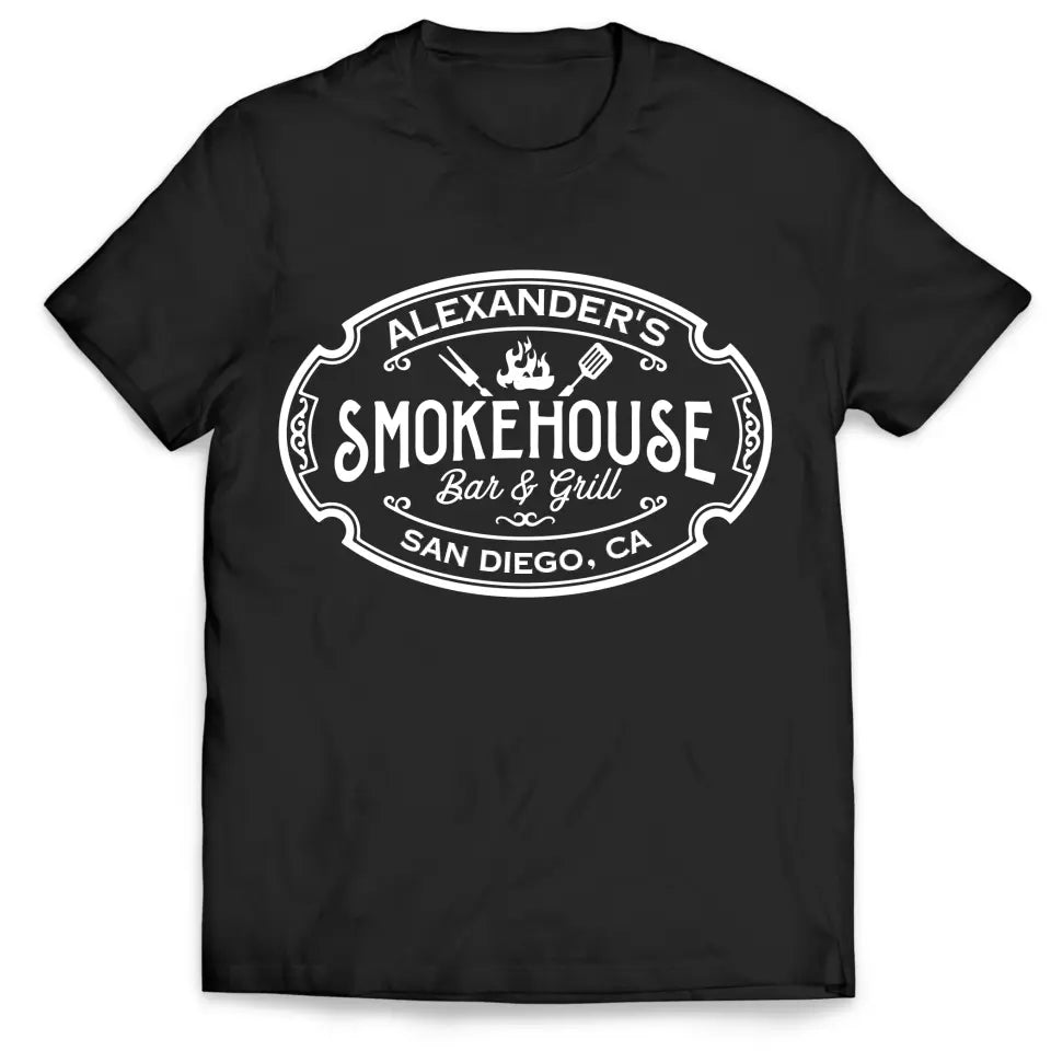 Custom Smokehouse Bar &amp; Grill - Personalized T-Shirt, Funny Grilling Gift, Smoker Shirt - TS1066