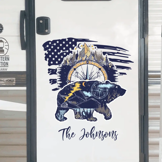 Camping Flag Bear And Mountains - Personalized Decal, Camping Gift For Camping Lovers - CF-PCD131