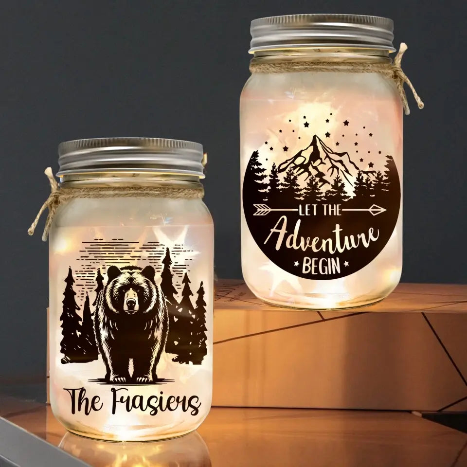 Grizzly Bear - Personalized Mason Jar Light, Gift For Camping Lovers