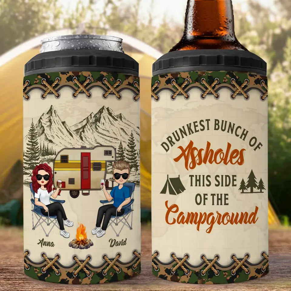 Drunkest Bunch Of Assholes This Side Of The Campground - Personalized Can Cooler, Gift For Camping Lovers - CCL01