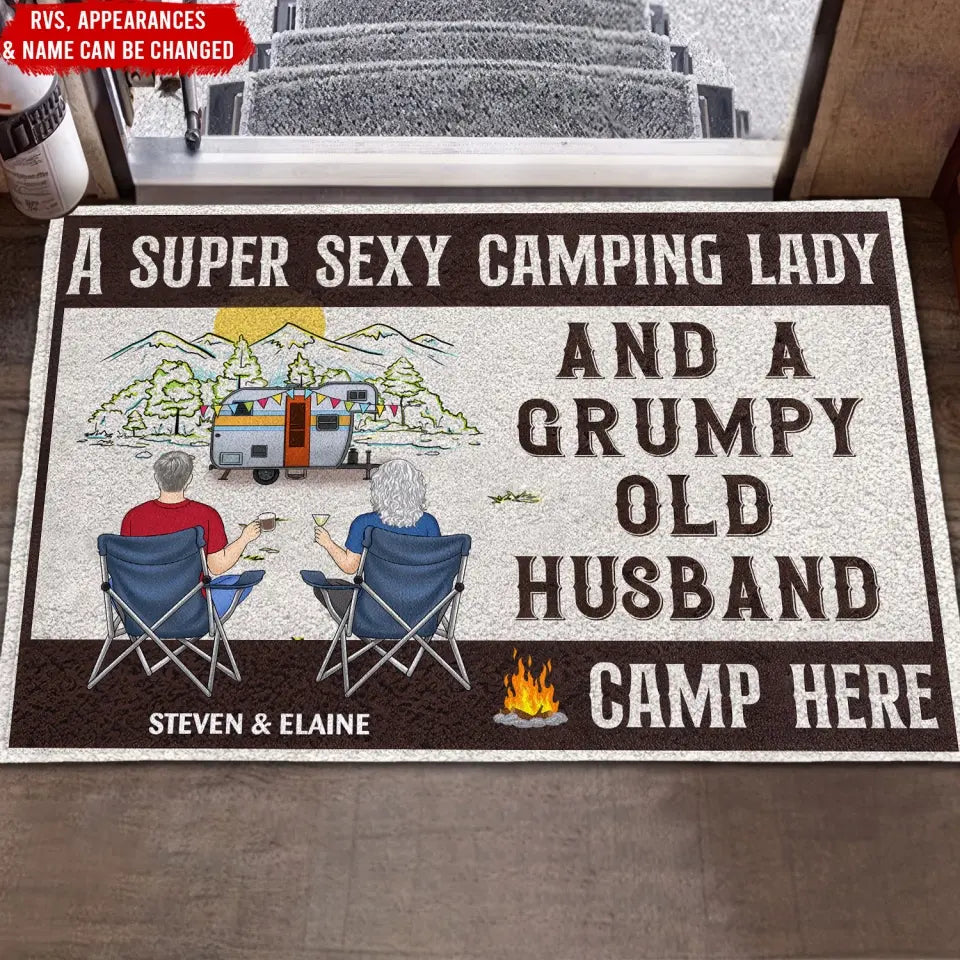 A Super Sexy Camping Lady And Grumpy Old Husband Camp Here - Personalized Doormat, Camping Gift - DM08AN