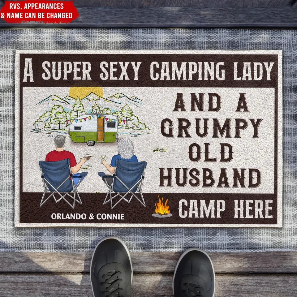 A Super Sexy Camping Lady And Grumpy Old Husband Camp Here - Personalized Doormat, Camping Gift - DM08AN