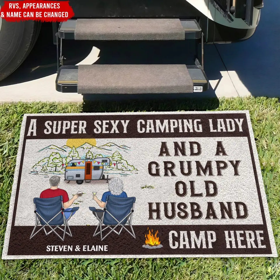 A Super Sexy Camping Lady And Grumpy Old Husband Camp Here - Personalized Doormat, Camping Gift - DM08AN