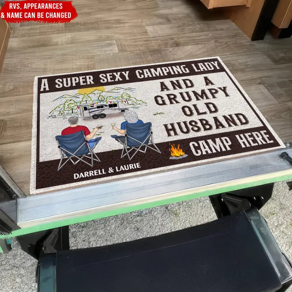 A Super Sexy Camping Lady And Grumpy Old Husband Camp Here - Personalized Doormat, Camping Gift - DM08AN