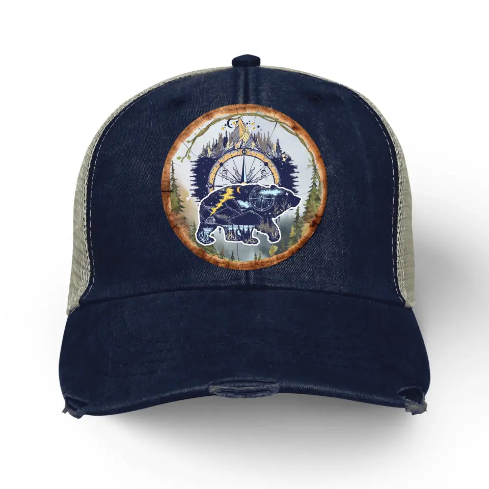 Camping Bear And Mountain - Personalized Distressed Ollie Cap, Gift For Camping Lovers - C47