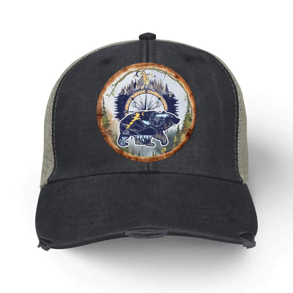 Camping Bear And Mountain - Personalized Distressed Ollie Cap, Gift For Camping Lovers - C47