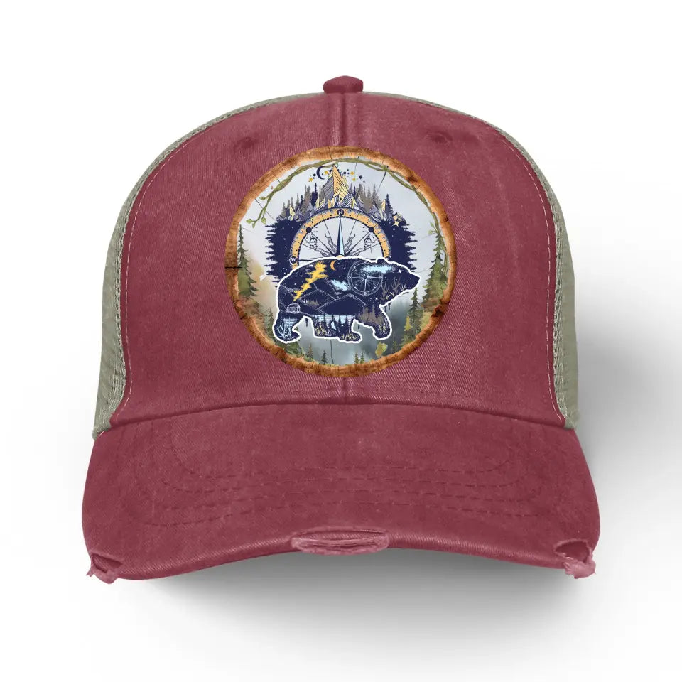 Camping Bear And Mountain - Personalized Distressed Ollie Cap, Gift For Camping Lovers - C47