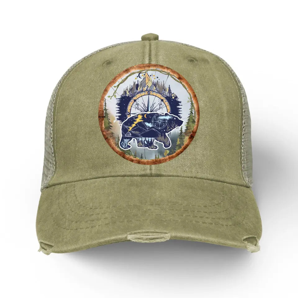 Camping Bear And Mountain - Personalized Distressed Ollie Cap, Gift For Camping Lovers - C47