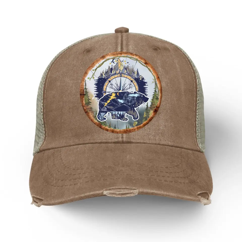 Camping Bear And Mountain - Personalized Distressed Ollie Cap, Gift For Camping Lovers - C47