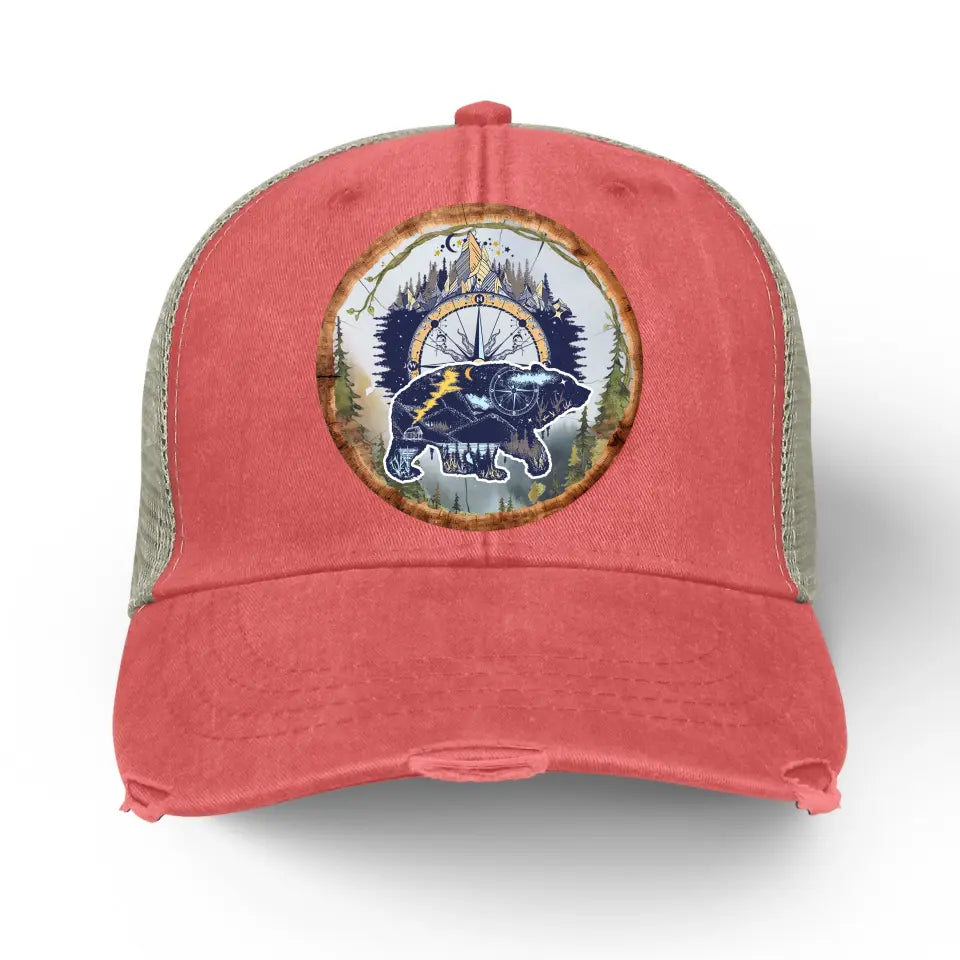 Camping Bear And Mountain - Personalized Distressed Ollie Cap, Gift For Camping Lovers - C47