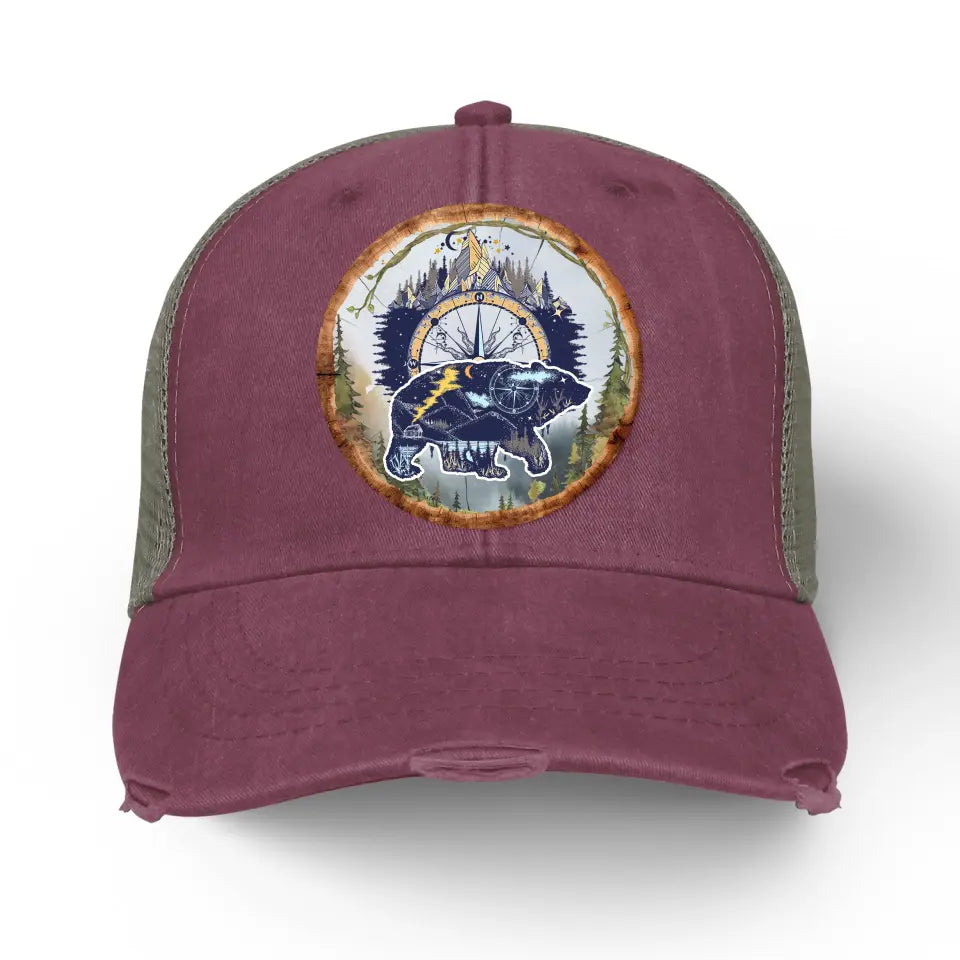 Camping Bear And Mountain - Personalized Distressed Ollie Cap, Gift For Camping Lovers - C47