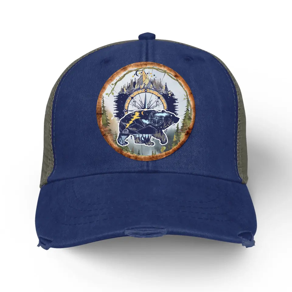 Camping Bear And Mountain - Personalized Distressed Ollie Cap, Gift For Camping Lovers - C47