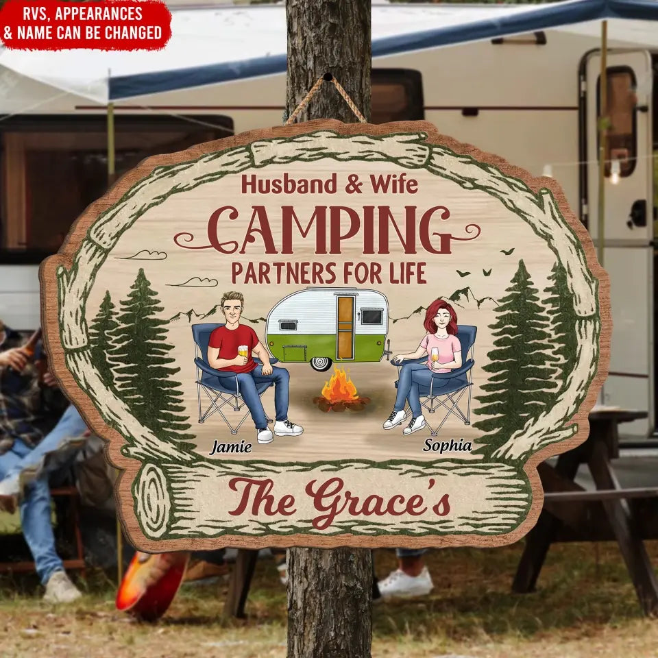 Husband And Wife Camping Partners For Life - Personalized Wood Sign, Gift For Camping Lovers - DS18AN