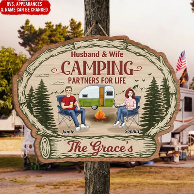 Husband And Wife Camping Partners For Life - Personalized Wood Sign, Gift For Camping Lovers - DS18AN