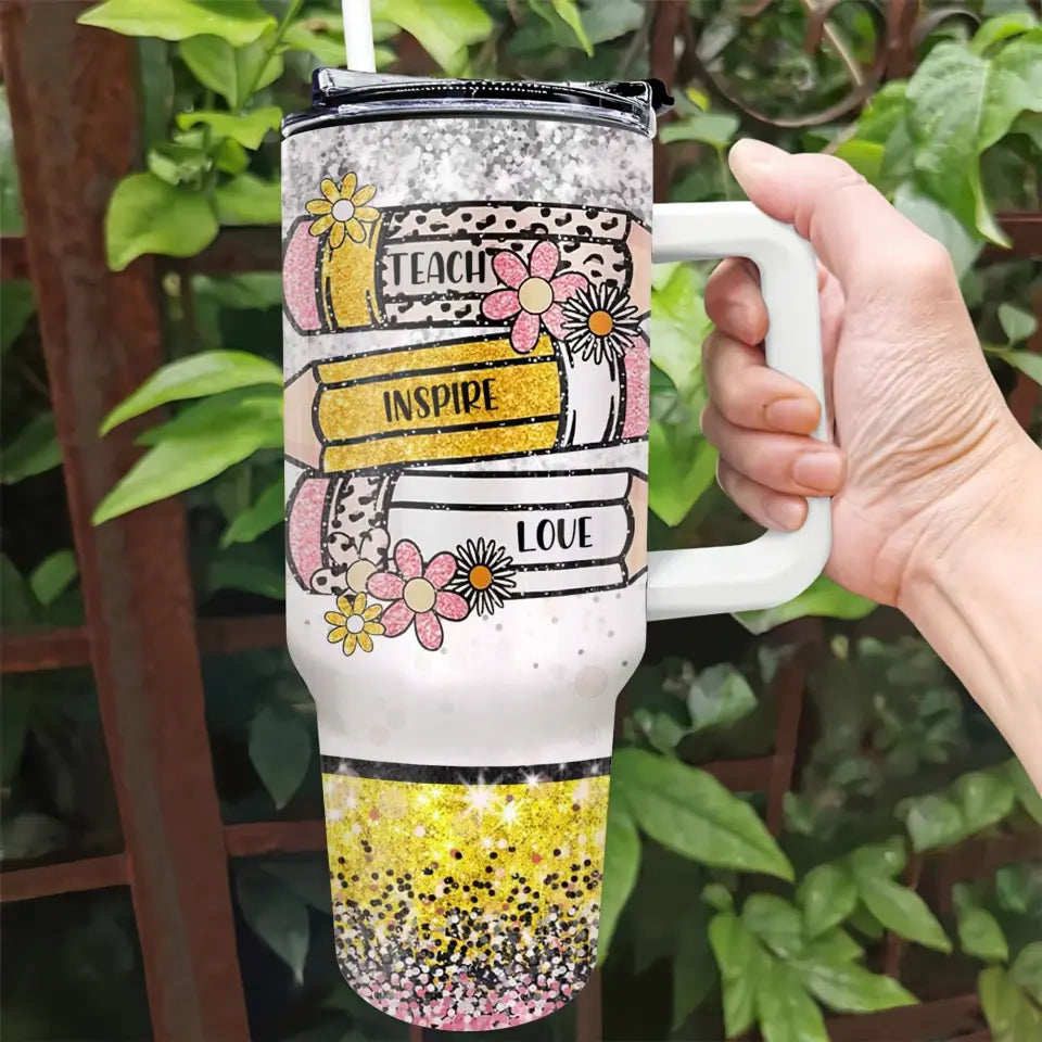 Leopard Rainbow Teach Love Inspire with Teacher Name - Personalized 40oz Tumbler, Back To School Gift For Teacher/Women - TL04DN