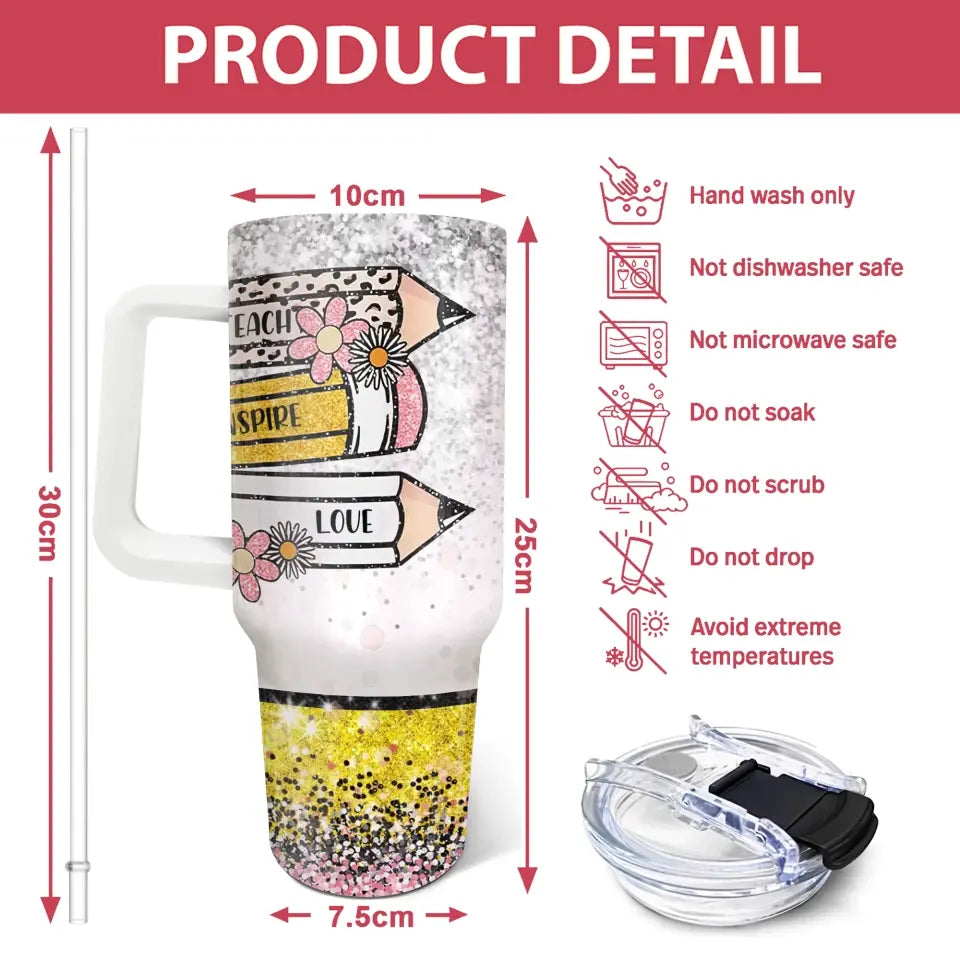 Leopard Rainbow Teach Love Inspire with Teacher Name - Personalized 40oz Tumbler, Back To School Gift For Teacher/Women - TL04DN