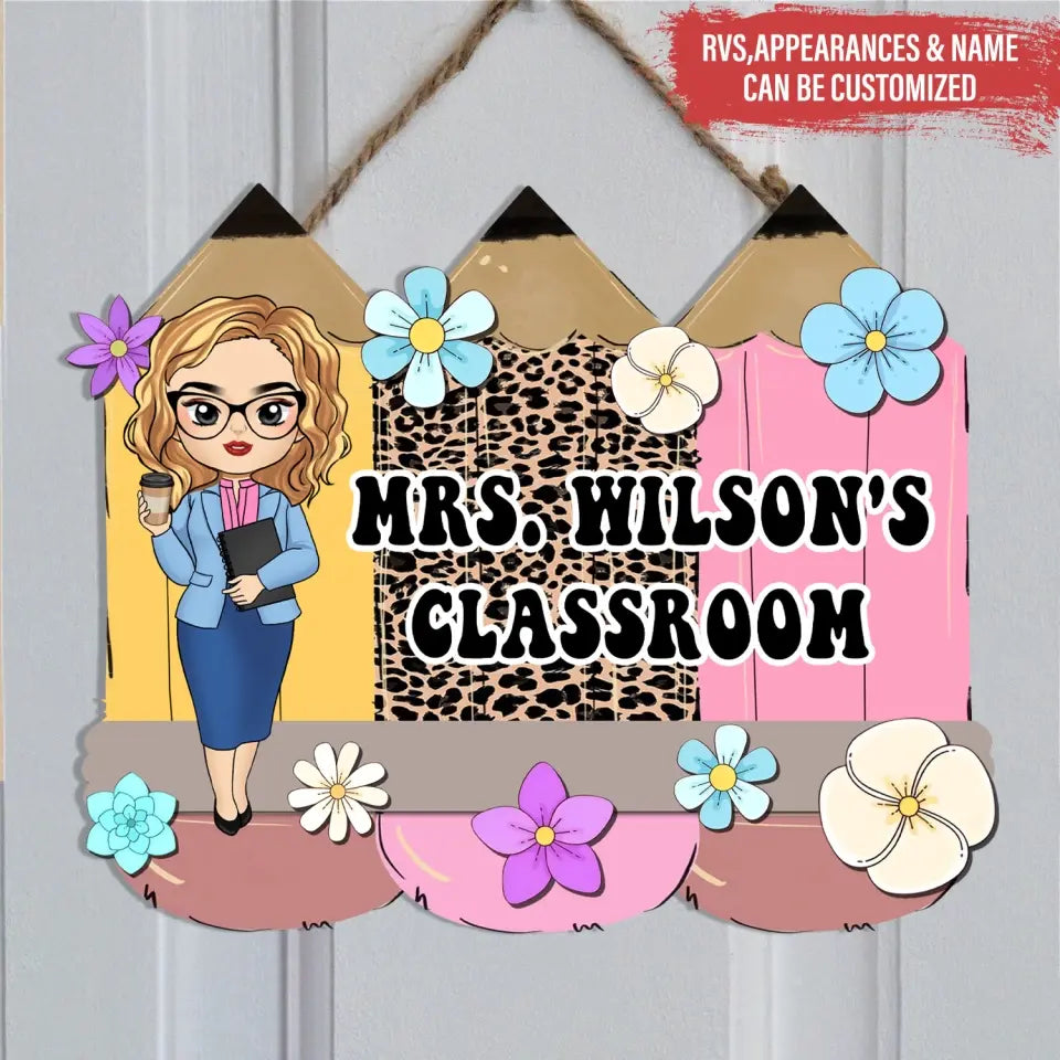 Leopard Floral Pencil Door Sign with Name - Personalized Door Sign, Back To School, Appreciation Gift For Teacher - DS07DN