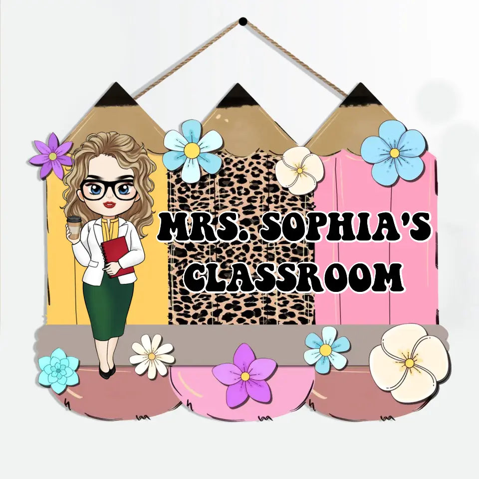 Leopard Floral Pencil Door Sign with Name - Personalized Door Sign, Back To School, Appreciation Gift For Teacher - DS07DN