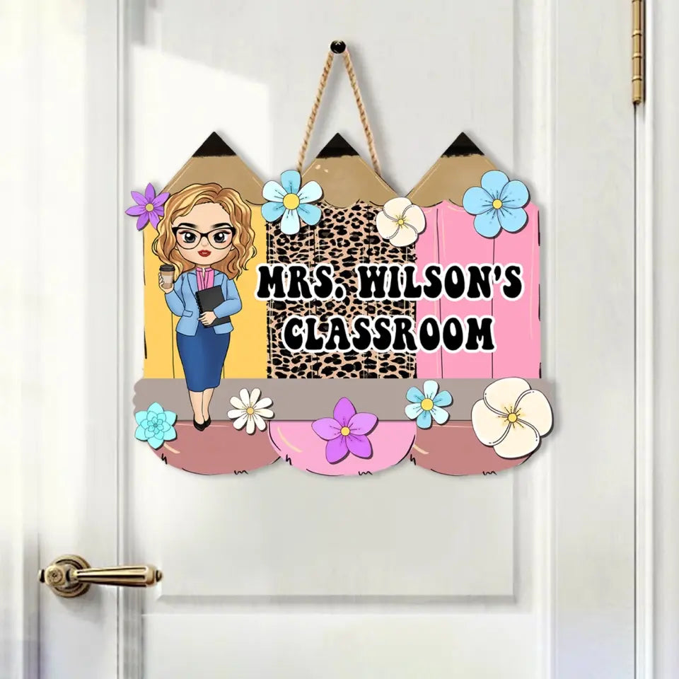 Leopard Floral Pencil Door Sign with Name - Personalized Door Sign, Back To School, Appreciation Gift For Teacher - DS07DN