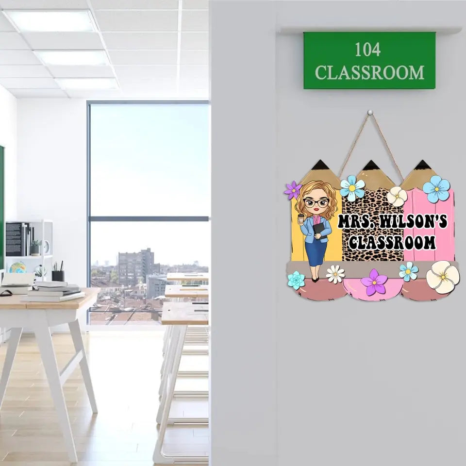 Leopard Floral Pencil Door Sign with Name - Personalized Door Sign, Back To School, Appreciation Gift For Teacher - DS07DN