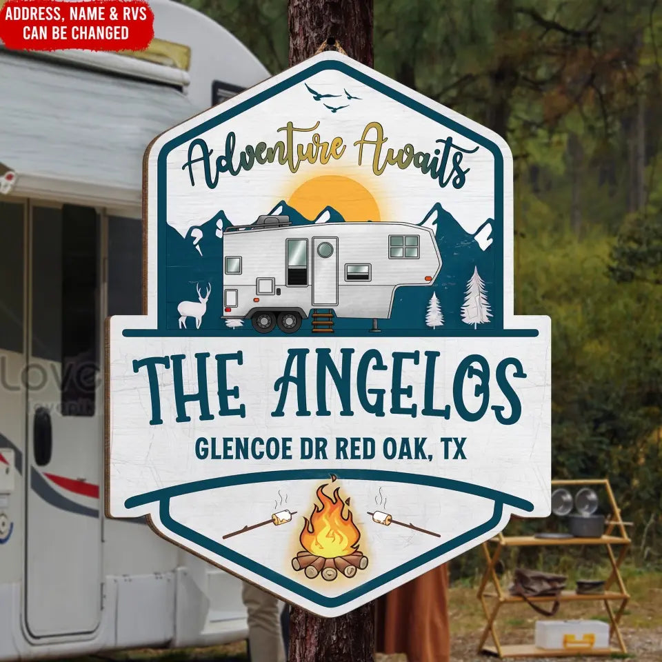 Adventure Awaits - Personalized Wood Sign, Camping Sign, Gift For Camping Lovers - DS39AN