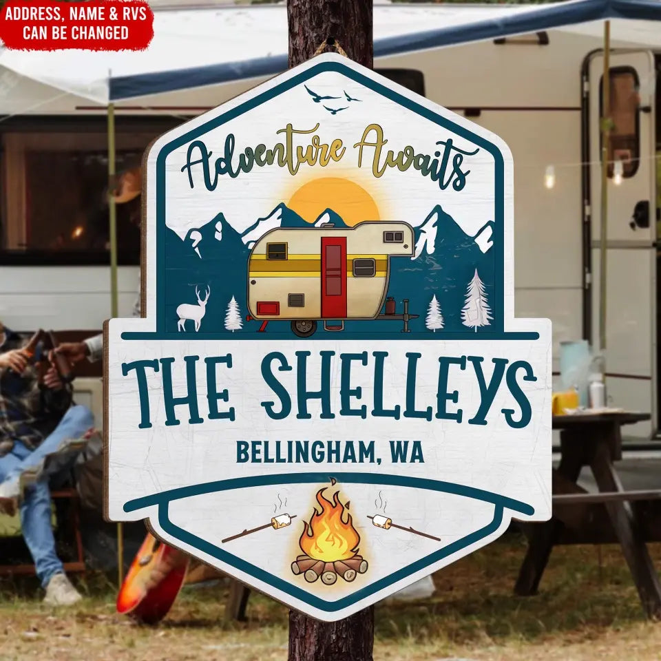 Adventure Awaits - Personalized Wood Sign, Camping Sign, Gift For Camping Lovers - DS39AN