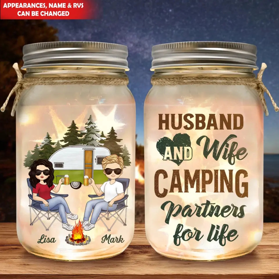Husband And Wife Camping Partners For Life - Personalized Mason Jar Light, Camping Gift, Camping, camping gift,camping,campsite,campgrounds,custom gift,personalized gifts