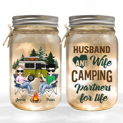 Husband And Wife Camping Partners For Life - Personalized Mason Jar Light, Camping Gift - MJL47AN